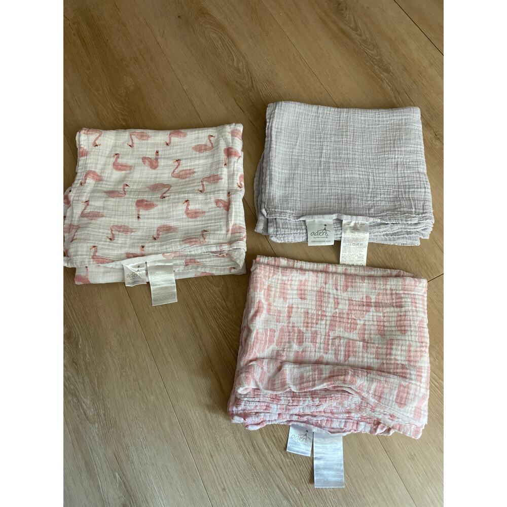 Aden + Anais muslin swaddle blankets set of 3 pink and purple organic cotton